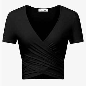 VETIOR Women's Deep V Neck Short Sleeve Slim Fit Cross Wrap Crop Top